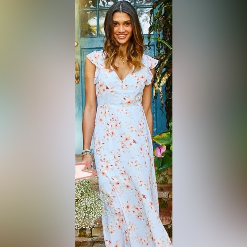 Light Blue Floral Ruffle Sleeve Tiegan Dress By Altar’d State Large